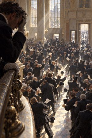 Painting: panic on the Vienna Stock Exchange on Black Friday, 9 May 1873, seen from the gallery.