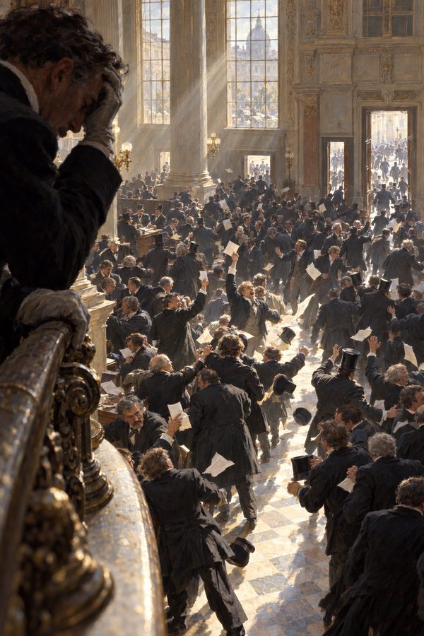 Painting: panic on the Vienna Stock Exchange on Black Friday, 9 May 1873, seen from the gallery.