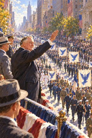 Painting: NRA chief Hugh S. Johnson salutes the Blue Eagle parade on Fifth Avenue, New York, September 1933
