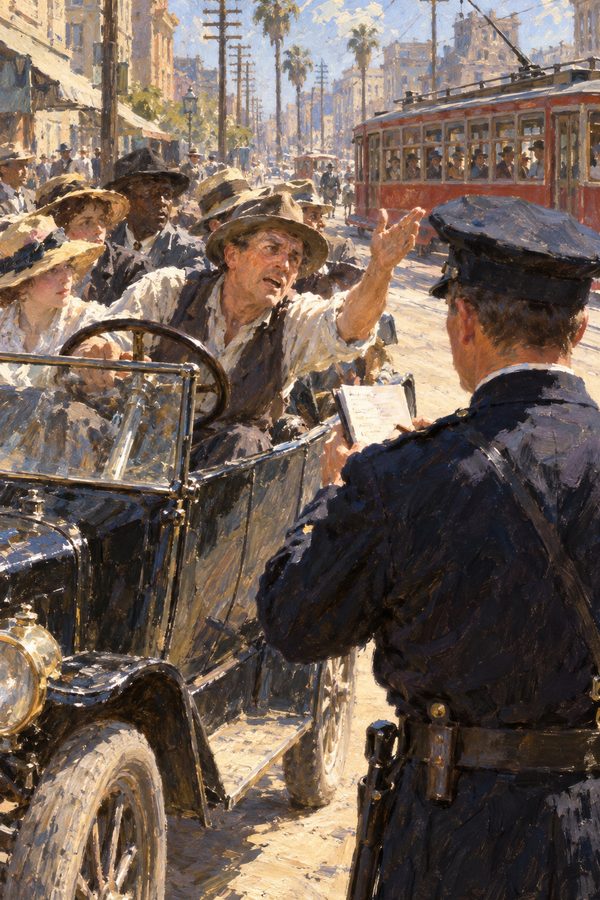 Painting: a Los Angeles policeman flags down a nickel jitney beside a streetcar, 1915