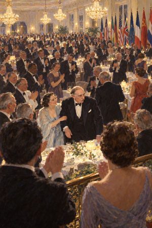 Painting: delegates rise to cheer Keynes at the Bretton Woods closing banquet, July 1944
