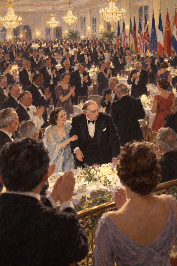 Painting: delegates rise to cheer Keynes at the Bretton Woods closing banquet, July 1944
