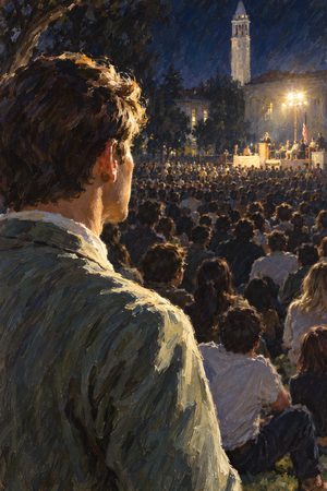 Painting: a student watches the floodlit stage of the Vietnam Day teach-in, Berkeley, May 1965