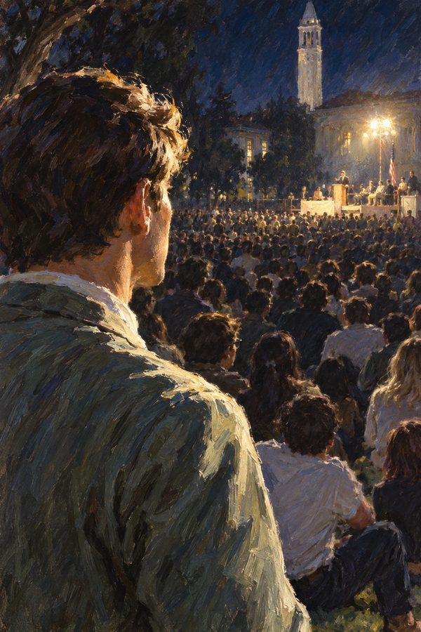 Painting: a student watches the floodlit stage of the Vietnam Day teach-in, Berkeley, May 1965