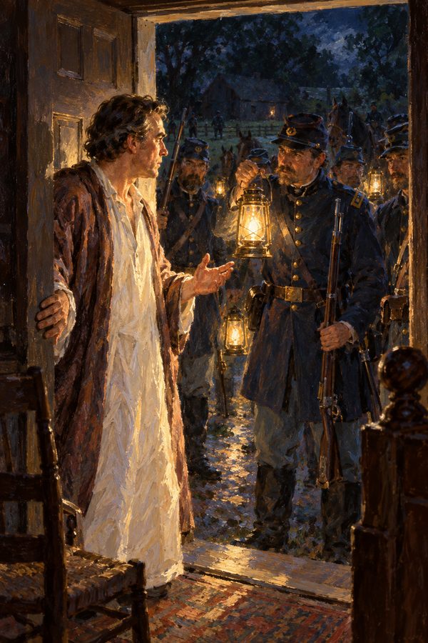 Painting: Union soldiers with lanterns arrest John Merryman at his farmhouse door, Cockeysville, Maryland, 1861