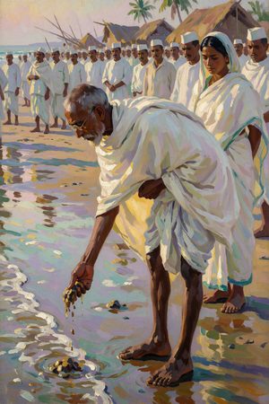 Painting: Gandhi lifts salt from the shore at Dandi, ending the Salt March, 6 April 1930