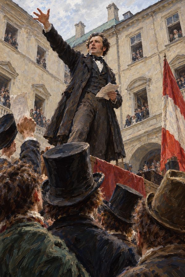 Painting: Adolf Fischhof addresses students in the Landhaus courtyard, Vienna, 13 March 1848