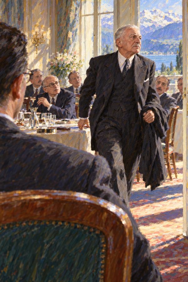 Painting: Ludwig von Mises rises to walk out of an early Mont Pelerin Society session, Switzerland, late 1940s