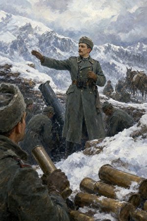 Painting: artillery officer Ludwig von Mises directs his mountain battery in the snowbound Carpathians, 1916-17