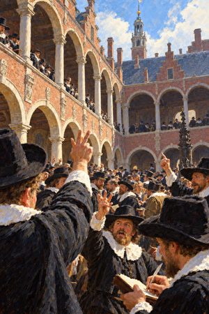 Painting: merchants strike bargains in the arcaded courtyard of the Amsterdam Exchange, c. 1620