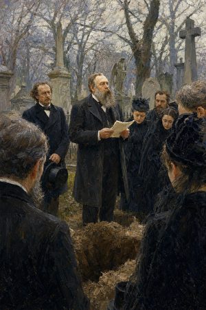 Painting: Friedrich Engels reads his eulogy at Karl Marx's grave, Highgate Cemetery, 17 March 1883