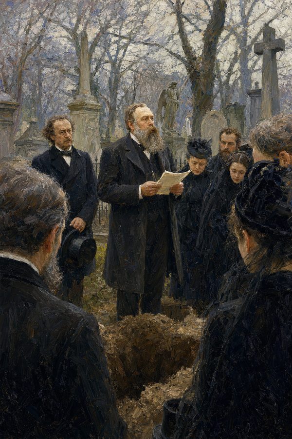 Painting: Friedrich Engels reads his eulogy at Karl Marx's grave, Highgate Cemetery, 17 March 1883