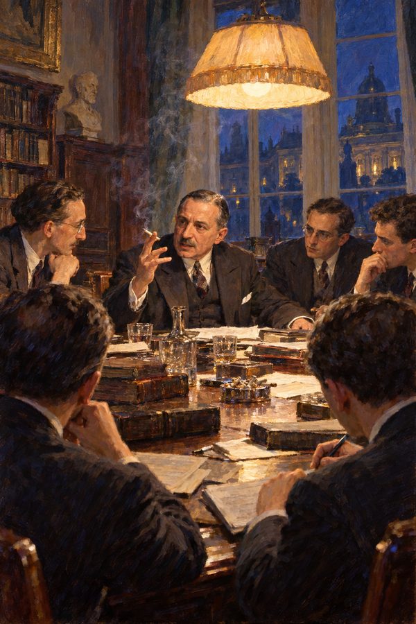 Painting: Ludwig von Mises leads his private seminar at the Vienna Chamber of Commerce, late 1920s