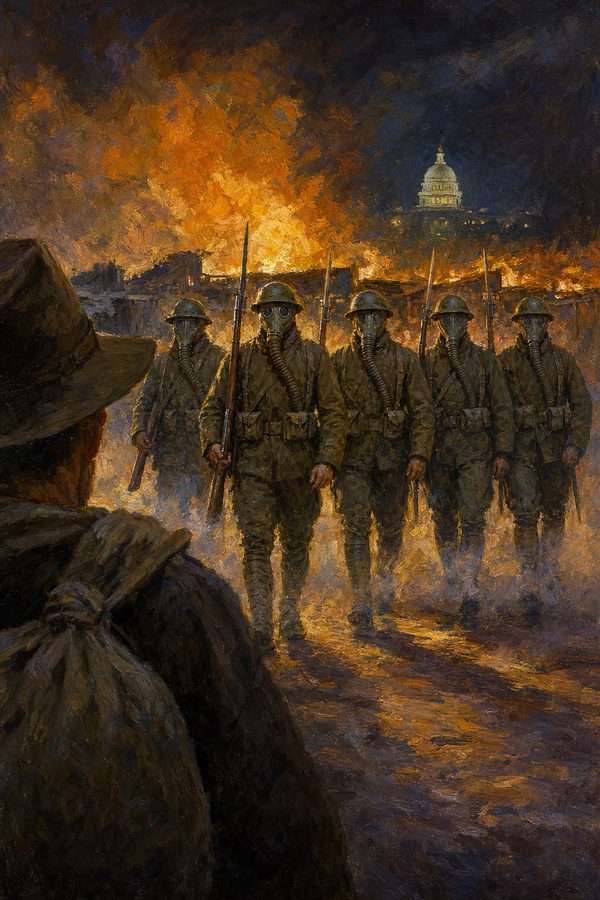 Painting: gas-masked infantry advance through the burning Bonus Army camp, Capitol beyond, Anacostia Flats, 1932