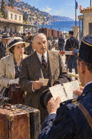 Painting: Ludwig and Margit von Mises at the French frontier post at Cerbere, papers in hand, July 1940
