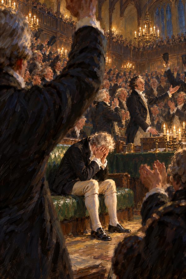 Painting: William Wilberforce weeps as the Commons cheers the vote to abolish the slave trade, 23 February 1807