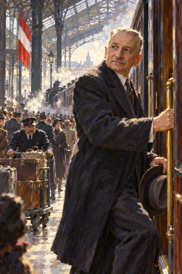 Painting: Ludwig von Mises boards a train leaving Vienna for Geneva, October 1934