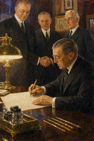 Painting: Woodrow Wilson signs the Federal Reserve Act as McAdoo, Glass and Owen look on, 23 December 1913