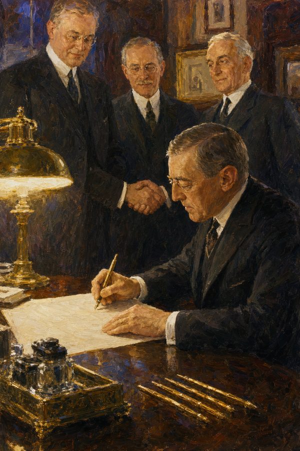 Painting: Woodrow Wilson signs the Federal Reserve Act as McAdoo, Glass and Owen look on, 23 December 1913