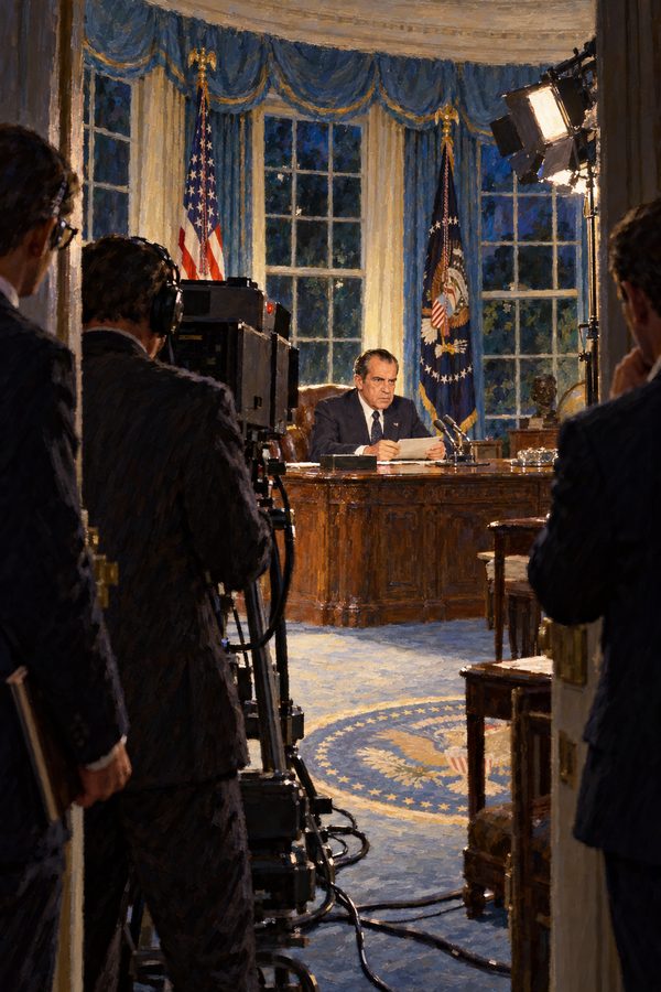 Painting: Richard Nixon announces the closing of the gold window on television, Oval Office, 15 August 1971