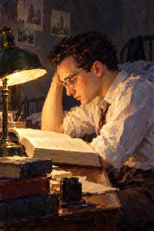Painting: a young Murray Rothbard reads Human Action by lamplight, New York, 1949