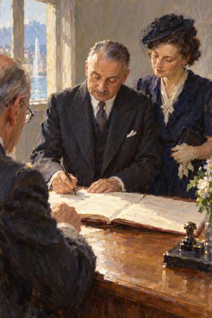 Painting: Ludwig and Margit von Mises sign the marriage register, Geneva, July 1938