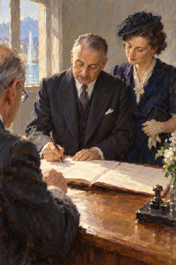 Painting: Ludwig and Margit von Mises sign the marriage register, Geneva, July 1938