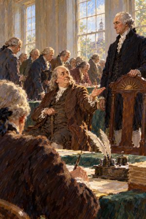 Painting: Benjamin Franklin gestures to Washington's rising-sun chair as the Constitution is signed, 1787