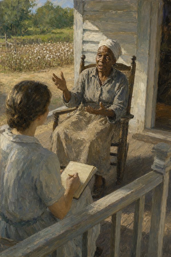 Painting: a Federal Writers' Project interviewer records a formerly enslaved woman's memories on her porch, 1937