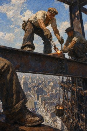 Painting: ironworkers rivet girders high on the rising Empire State Building, New York, September 1930