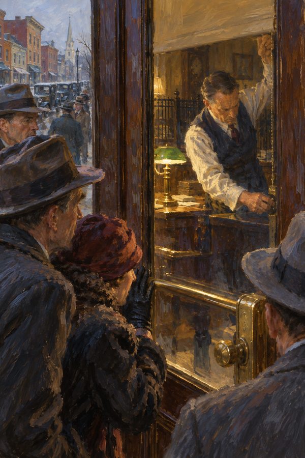 Painting: a bank manager locks the door as depositors peer in, first morning of the 1933 bank holiday