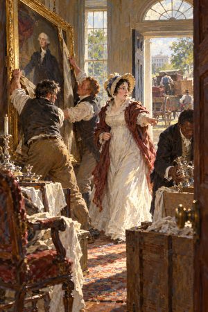 Painting: Dolley Madison directs the rescue of Washington's portrait as the British near, President's House, 1814