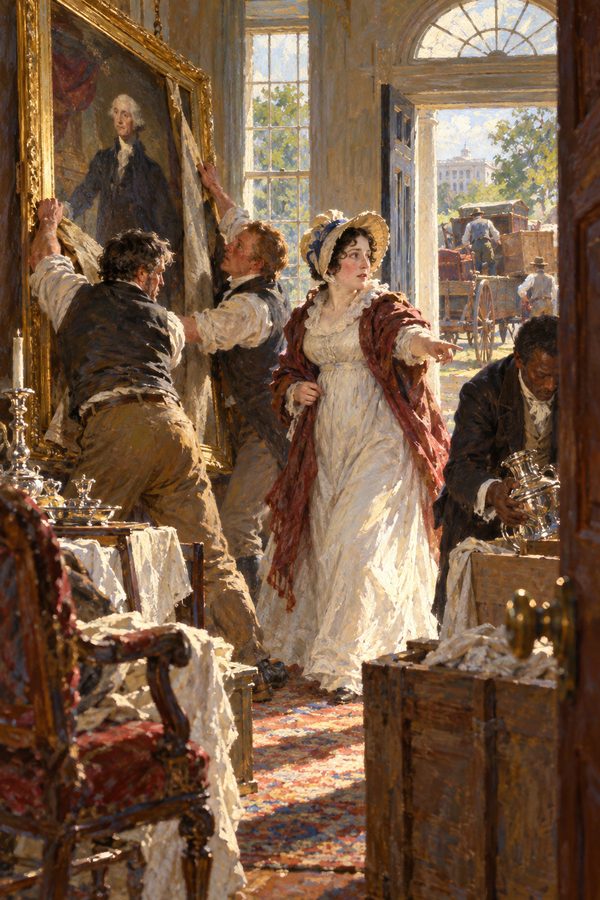 Painting: Dolley Madison directs the rescue of Washington's portrait as the British near, President's House, 1814