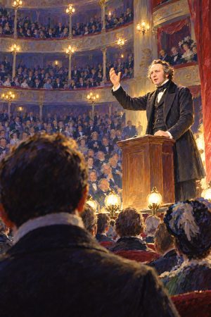 Painting: Richard Cobden addresses an Anti-Corn Law League meeting at Covent Garden Theatre, London, 1843