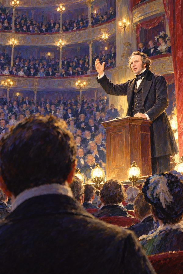 Painting: Richard Cobden addresses an Anti-Corn Law League meeting at Covent Garden Theatre, London, 1843