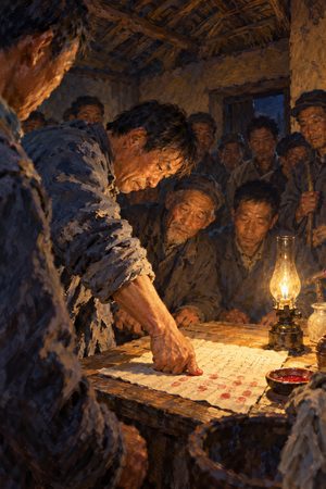 Painting: Xiaogang farmers press red thumbprints on their secret land pact by oil lamp, Anhui, November 1978