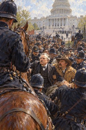 Painting: police stop Jacob Coxey's army of the unemployed at the Capitol, Washington, 1 May 1894