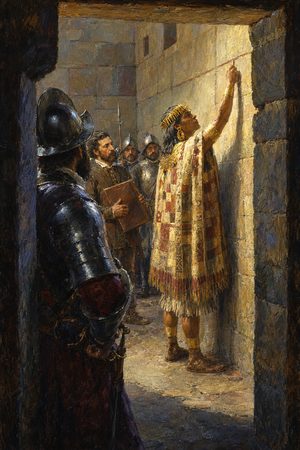Painting: the captive Atahualpa marks on the wall how high he will fill the room with gold, Cajamarca, 1532