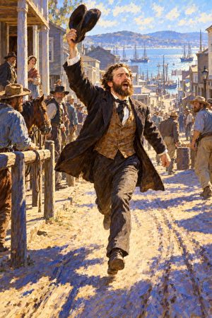 Painting: Sam Brannan runs through San Francisco waving his hat and shouting news of gold, May 1848