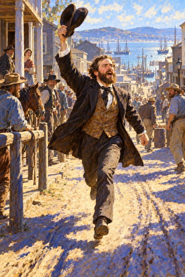 Painting: Sam Brannan runs through San Francisco waving his hat and shouting news of gold, May 1848