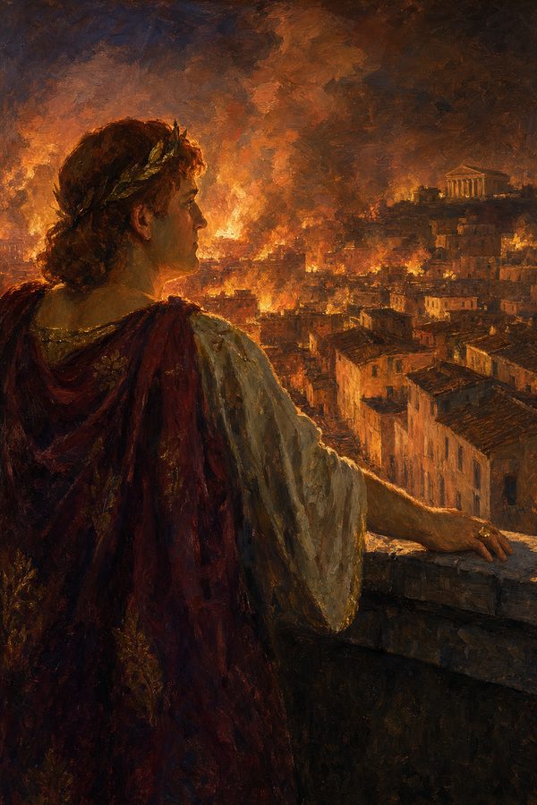 Painting: Nero watches the Great Fire consume Rome from the Tower of Maecenas, July AD 64