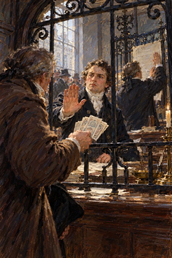 Painting: a Bank of England teller refuses to pay gold for notes, the 1797 Restriction