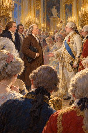 Painting: Benjamin Franklin, in a plain brown coat, is received by Louis XVI at Versailles, 20 March 1778