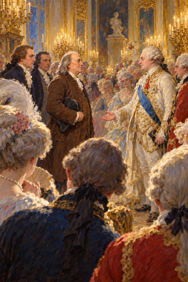 Painting: Benjamin Franklin, in a plain brown coat, is received by Louis XVI at Versailles, 20 March 1778