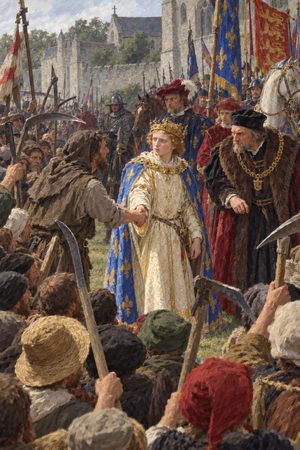 Painting: the boy king Richard II meets Wat Tyler and the poll-tax rebels at Smithfield, 15 June 1381