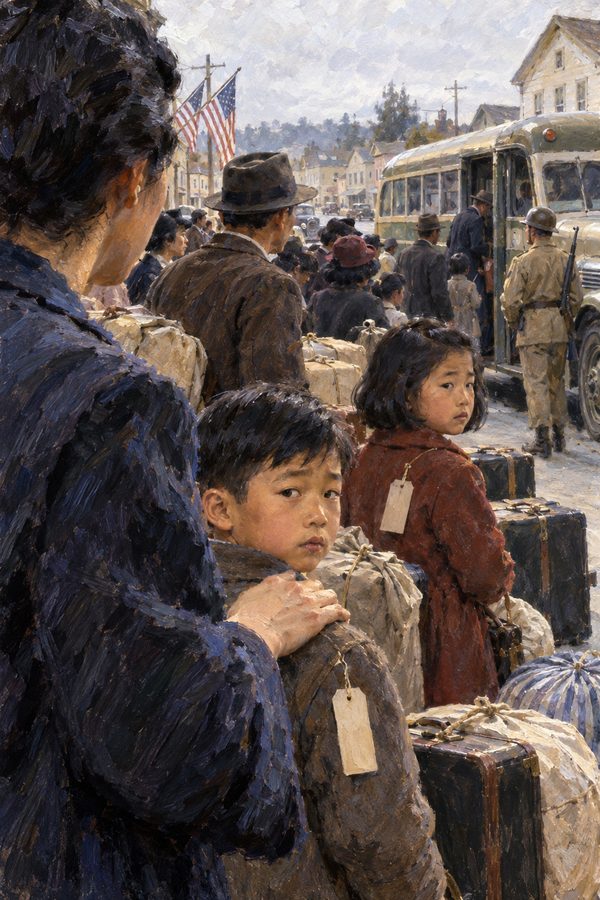 Painting: Japanese American children with identity tags wait for the removal bus, Hayward, California, May 1942