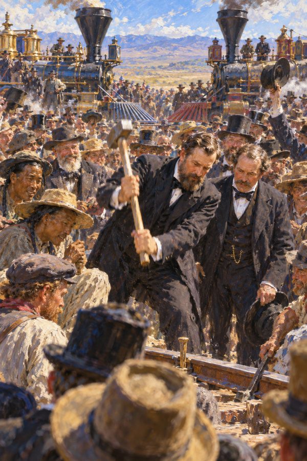 Painting: Leland Stanford swings the maul at the golden spike ceremony, Promontory Summit, Utah, 10 May 1869