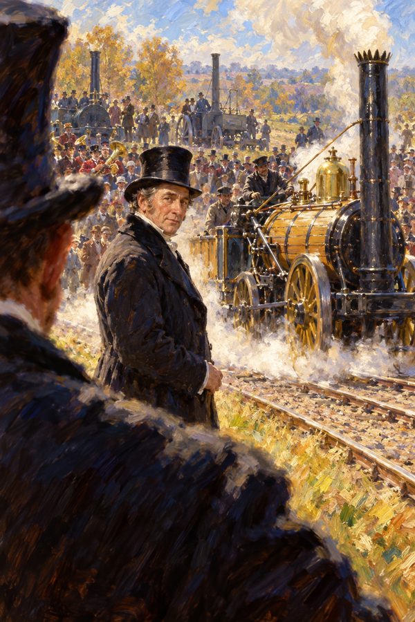 Painting: George Stephenson watches the Rocket run at the Rainhill Trials, Lancashire, October 1829