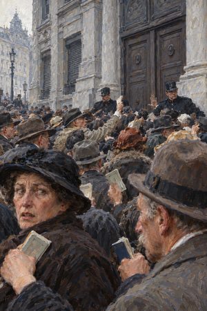 Painting: depositors crowd the doors of the Creditanstalt as the bank fails, Vienna, May 1931