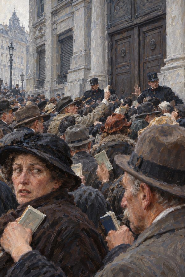Painting: depositors crowd the doors of the Creditanstalt as the bank fails, Vienna, May 1931
